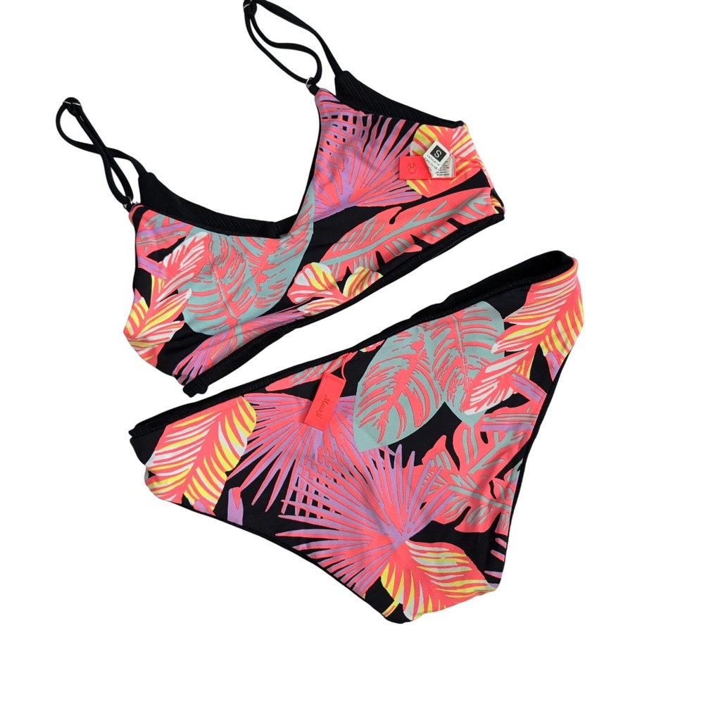 Maaji Reversible Bikini Set Small Black Ribbed Tropical Palm Leaf Print